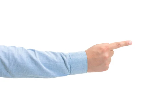 白い背景に隔離された指で指を指す男性の手 — ストック写真