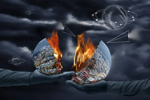 Earth on fire. Global catastrophe concept. Pollution, greenhouse effect, global warming are destroying our planet.