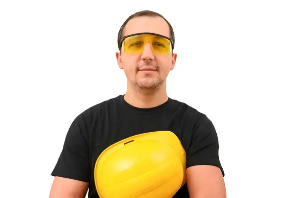 Ein Junger Männlicher Bauarbeiter Mit Baubrille Und Hartem Hut Der — Stockfoto