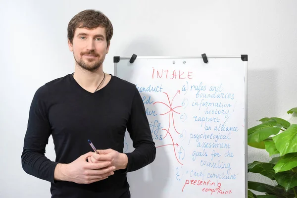 Male English teacher holds an online lesson with students. A young teacher presents a new topic on flip chart. Online training, education concept.