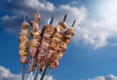 Şiş kebap, açık gökyüzünün altında et.