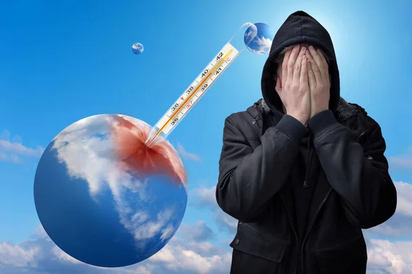 Man and planet earth with a thermometer. Virus and pandemic concept. Abstract background.