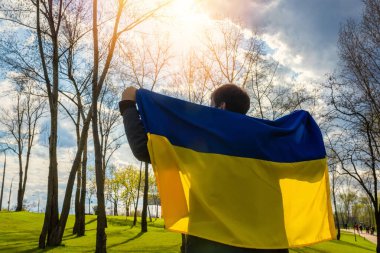 Güneşli bir günde parkta Ukrayna bayrağı taşıyan bir adamın arka görüntüsü. Özgür yaşam tarzı kavramı.