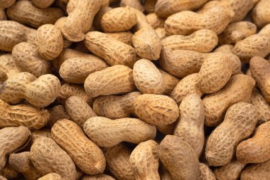 Kabuklu fıstıkların yemek arkaplanı, üst manzara. Taze fıstık yığını..