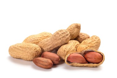 Beyaz arka planda izole edilmiş yer fıstıkları. Bir grup kabuklu ve kabuksuz fındık.