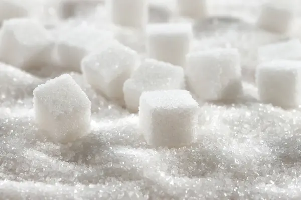 Bílý Granulovaný Cukr Rafinované Kostky Cukru Zblízka Royalty Free Stock Fotografie