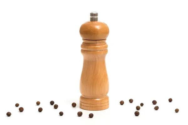 Wooden Pepper Mill Isolated White Background Cooking Concept Stok Gambar