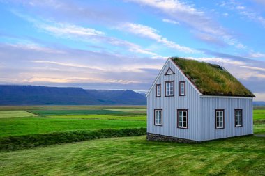 Kuzey İzlanda 'da çimenli güzel bir ev manzarası. Arkaplanda dağlar.