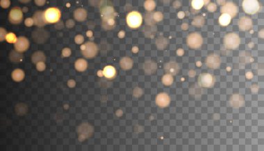 Altın rengi bokeh ışıkları. Parıldayan parçacıklar izole edildi.
