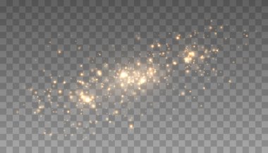 Parıldayan parçacıklarla altın ışık efekti. Tozla kaplı vektör yıldızlı bulut. Sihirli Noel süslemesi