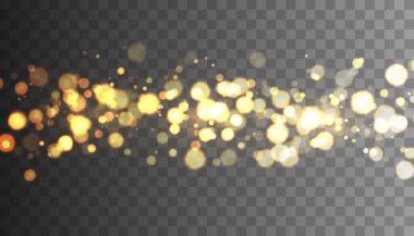 Altın rengi bokeh ışıkları. Parıldayan parçacıklar izole edildi.