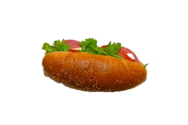 Tomat Peppar Och Ost Smörgås Vit Bakgrund — Stockfoto