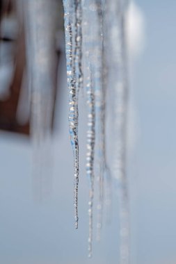 Buz soğuk bir günde çatıdan sarkan.