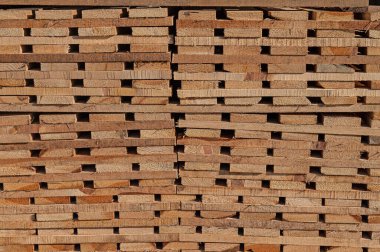 Tedavi edilmiş kereste bloklara doldurulmuş. Kereste fabrikasında ahşap kereste. Yığılmış tahta tahtalar.