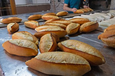 Fırıncı fırından fırında pişmiş ekmeği çıkarır. Türk ekmek üretim süreci.