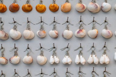 Sokak satıcılarının tezgahında deniz kabuklarından yapılmış küpeler..