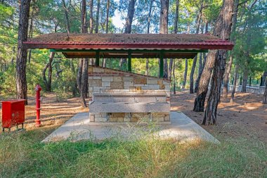 Ormandaki çeşmenin yanında kırmızı renkli yangın muslukları ve elektrik paneli var. Ormanda güvenlik önlemi.
