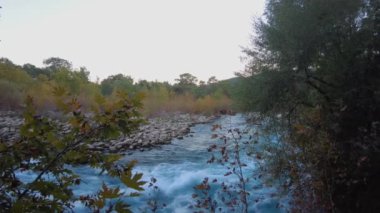 Ormandaki ağaçlarla çevrili bir vadide akan açık mavi nehir. Kprl Kanyonu, Antalya, Türkiye.