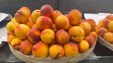 Bir yığın taze, sulu nektarin ya da şeftali, güneşte öpülmüş ve altın rengi, market tezgahında hasır bir sepetin içinde..