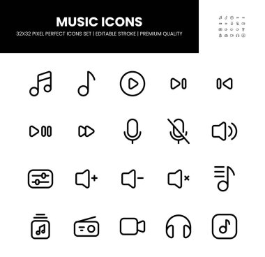 Müzik simgeleri 32 x 32 piksel olarak ayarlandı. Düzenlenebilir vuruşla mükemmel.