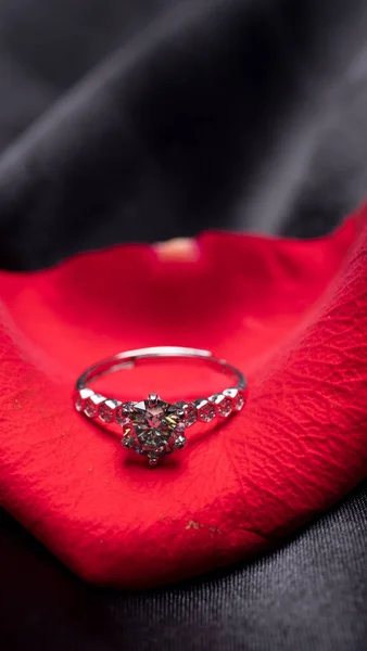 Belo Anel Diamante Uma Pétala Rosa Vermelha — Fotografia de Stock