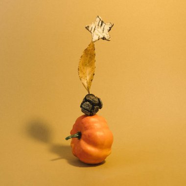 Çağdaş tarz sonbahar motifi 3 boyutlu portakal kabağı, çam kozalağı, sarı kurumuş bir yaprak ve tepesinde tahta bir yıldız. Kahverengi, bej, turuncu arkaplan üzerine sonbahar kompozisyonu mimalistik nesneleri.