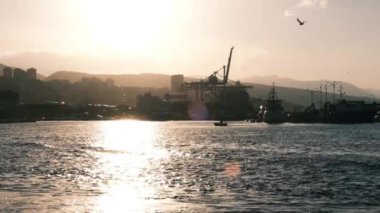 Limanda ya da Rijeka Limanı 'nda güneşli bir deniz manzarası ve arka plandaki panoramik manzarayı süsleyen geçmişten kalma vinçler. Uçsuz bucaksız denizde bir balıkçı teknesiyle deniz manzarası.