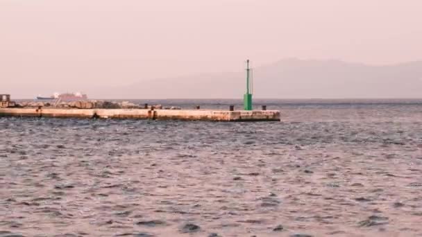上午在里耶卡拍摄的海景海景静态镜头 港口码头上有一座绿色灯塔 后方有一艘集装箱船 多风的天气给大海带来了波纹 — 图库视频影像