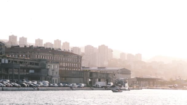 Romántico Vídeo Cámara Lenta Del Puerto Industrial Rijeka Mañana Amanecer — Vídeos de Stock
