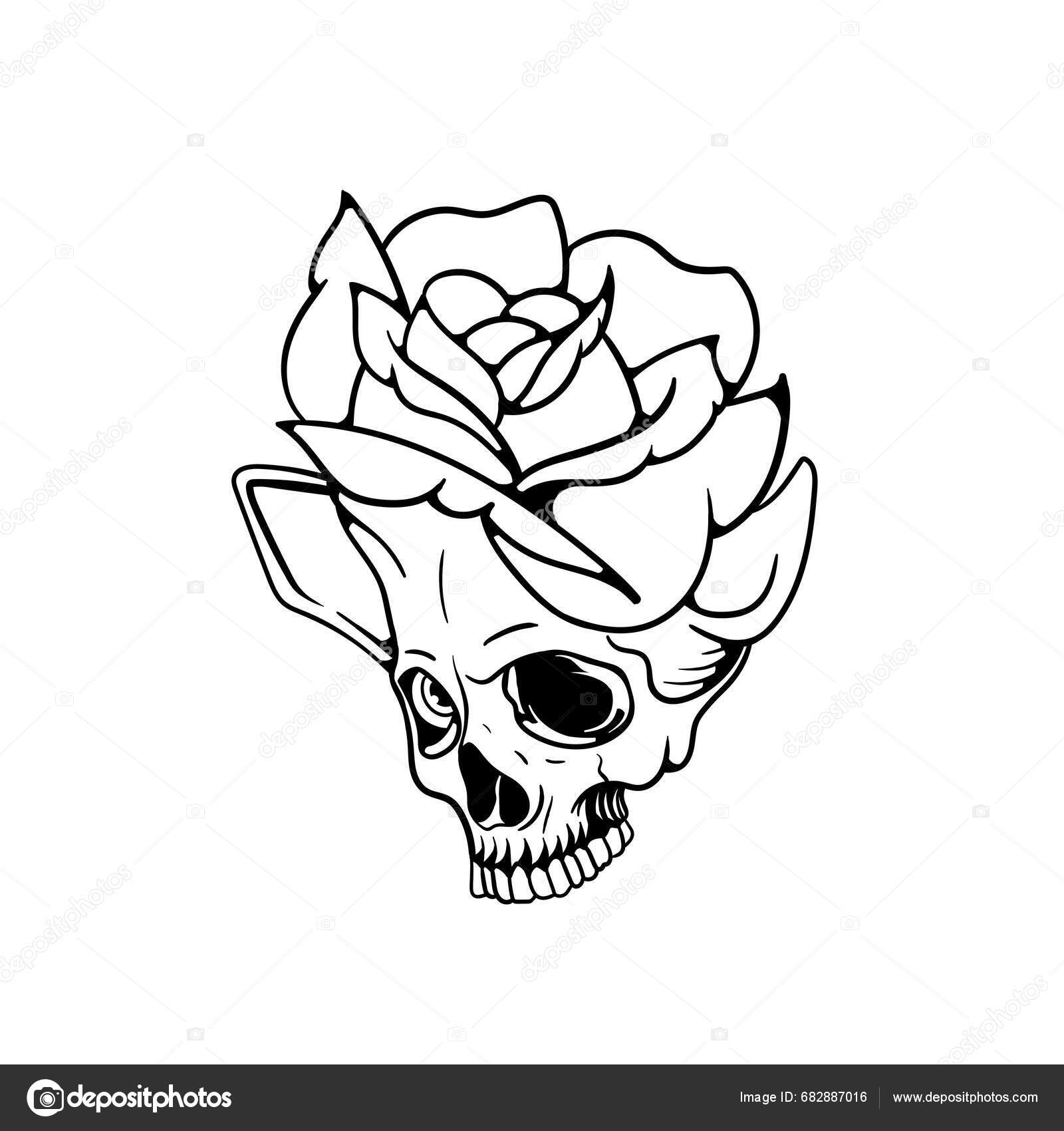 Hand Drawn Illustration Rose Skull Outline Stock Vector by ...