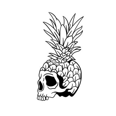 Bir ananas kafatası vektör tasarımı taslağının etiket çizimi