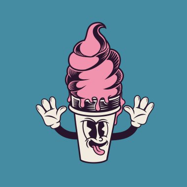 Dondurma külahının Retro karakter tasarımı, basit vektör tasarımı, şirin çıkartma, karakter çıkartması