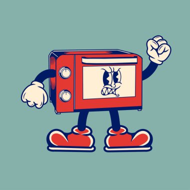 Mikrodalganın Retro karakter tasarımı, basit vektör tasarımı, şirin çıkartma, karakter etiketi