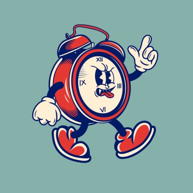 Alarm saatinin Retro karakter tasarımı, basit vektör tasarımı, şirin çıkartma, karakter etiketi