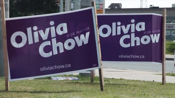 Close Tight Shot Olivia Chow Mayor Sign Also Oliviachow Traffic — Stock Video