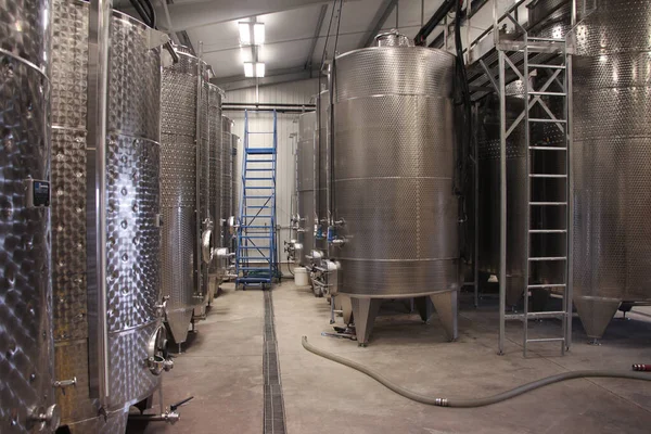 Silver Metal Reservoir Tanks Fermentation Wine Ladder Hose Shot Stock Image