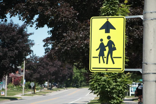 Close Neon Yellow School Zone Sign Black Arrow Next Long — Stock Photo, Image
