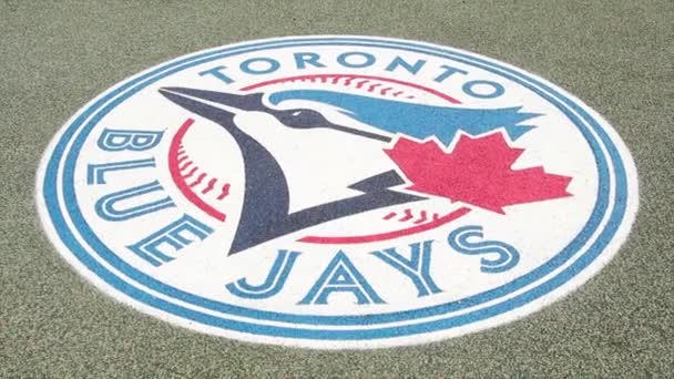 Toronto Azul Jays Círculo Logotipo Impreso Césped Béisbol Gris Mostrar — Vídeos de Stock