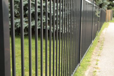 long black metal bar fence with pine tree and grass behind it clipart