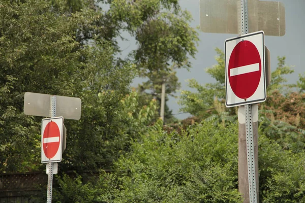 Two Enter Road Street Signs One Foreground Other Background Red — Stock Photo, Image