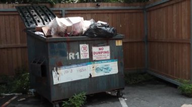 Park yerindeki aşırı dolu çöp konteynırının etrafı ahşap çitlerle çevrili.