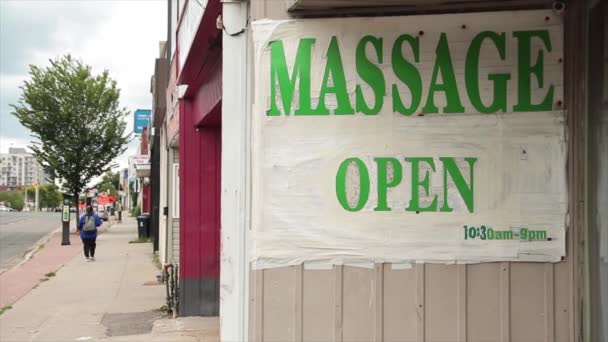 Massage Open 1030Am 9Pm Sign Green Capital Letters White Background — Stock Video