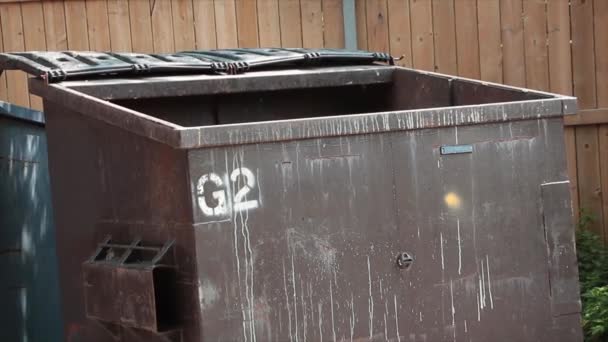 空的垃圾堆 盖子开着 后面又是一个垃圾堆 停车场用木栅栏围住 关上了 — 图库视频影像