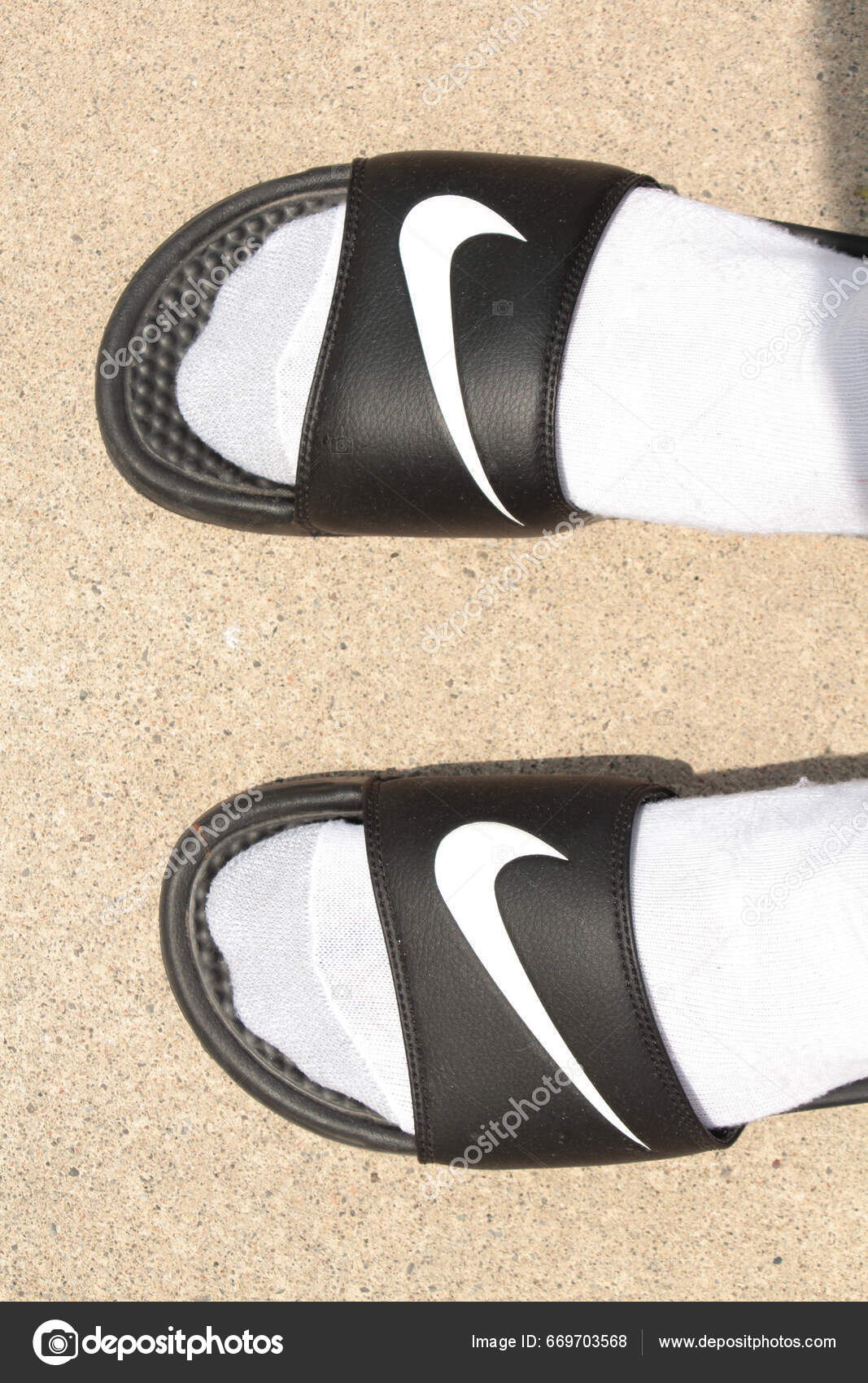 Pair Black Nike Slippers White Checkmark Logo Worn White Gray – Stock  Editorial Photo © PenguinLens #669703568