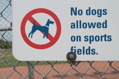 Spor sahalarına köpek giremez. Arka planda beyzbol elması olan tabela, kırmızı ve siyah renkli çizilmiş köpek resmi, beyaz arkaplan üzerine siyah başlık yazısı.