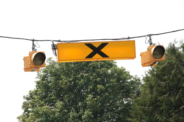 Overhead Hanging Pedestrian Crosswalk Light Yellow Sign Symbol Lights Lit — Stock Photo, Image