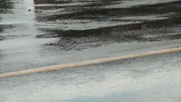 Мокрая Дорога Проливным Дождем Лужи Автомобили Проезжают Ней Желтой Линией — стоковое видео