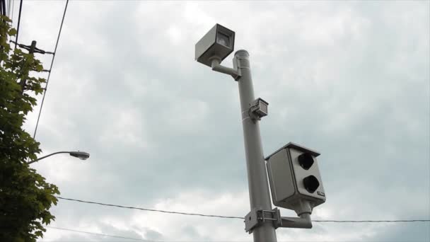 Red Light Camera Picture Video Two Cameras Silver Post Dark — Stock Video