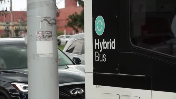 Hybridbus Mit Textunterschrift Wörter Auf Bus Aufgedruckt Der Ampel Hält — Stockvideo
