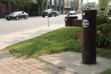 Kahverengi halka açık, duble su içme çeşmesi. Park parkında çimento döşeme üzerinde ikinci bir kaldıraç var. Arabalar arkadan geçiyor.